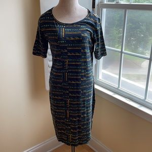 LuLaRoe blue dress w/green yellow, size Medium